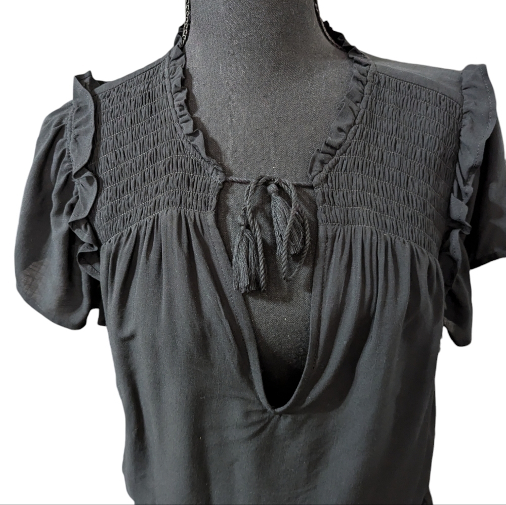 PAIGE Cristina Black Smocked Mini Dress Flutter Sleeve Tiered S - Picture 6 of 15
